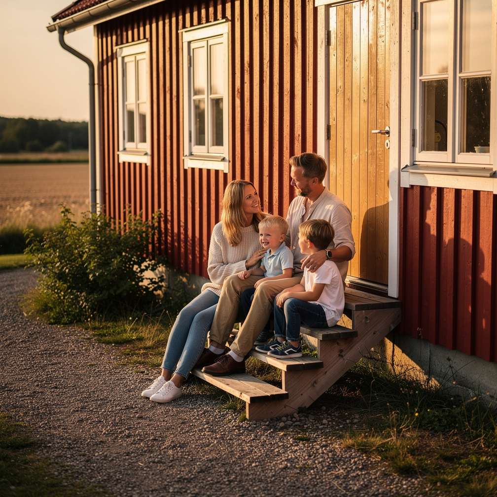 Danish family sitting outside their farmhouse